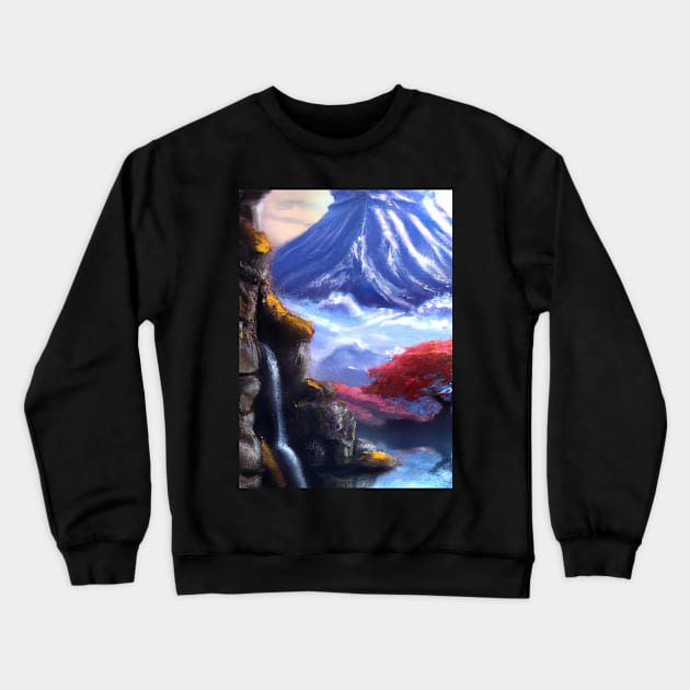 Japan Tower Waterfall Painting Crewneck Sweatshirt by maxcode